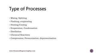  Mixing, Splitting
 Flashing; evaporating
 Heating/Cooling
 Evaporation, Condensation
 Distillation
 Chemical Reactions
 Compression; Pressurization; depressurization
www.ChemicalEngineeringGuy.com
 