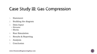 1. Statement
2. Building the diagram
3. Data Input
 Streams
 Blocks
4. Run Simulation
5. Results & Reporting
6. Analysis
7. Conclusion
www.ChemicalEngineeringGuy.com
 