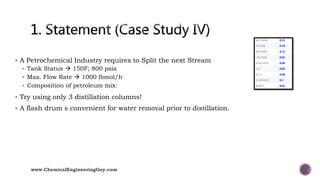  A Petrochemical Industry requires to Split the next Stream
 Tank Status  150F; 800 psia
 Max. Flow Rate  1000 lbmol/h
 Composition of petroleum mix:
 Try using only 3 distillation columns!
 A flash drum s convenient for water removal prior to distillation.
www.ChemicalEngineeringGuy.com
 