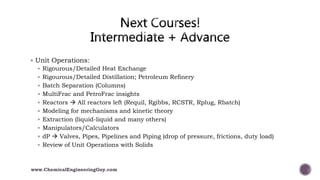  Unit Operations:
 Rigourous/Detailed Heat Exchange
 Rigourous/Detailed Distillation; Petroleum Refinery
 Batch Separation (Columns)
 MultiFrac and PetroFrac insights
 Reactors  All reactors left (Requil, Rgibbs, RCSTR, Rplug, Rbatch)
 Modeling for mechanisms and kinetic theory
 Extraction (liquid-liquid and many others)
 Manipulators/Calculators
 dP  Valves, Pipes, Pipelines and Piping (drop of pressure, frictions, duty load)
 Review of Unit Operations with Solids
www.ChemicalEngineeringGuy.com
 