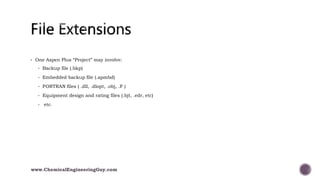  One Aspen Plus “Project” may involve:
• Backup file (.bkp)
• Embedded backup file (.apmbd)
• FORTRAN files ( .dll, .dlopt, .obj, .F )
• Equipment design and rating files (.bjt, .edr, etc)
• etc.
www.ChemicalEngineeringGuy.com
 