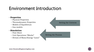  Properties
 Physical Properties
 Thermodynamic Properties
 Models of Equilibrium
 Gas models
 Simulation
 Flow Sheet
 Unit Operations “Blocks”
 Stream of Mass/Energy “Lines”
Setting the Universe
Setting the Process
www.ChemicalEngineeringGuy.com
 
