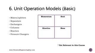  Mixers/splitters
 Separators
 Exchangers
 Columns
 Reactors
 Pressure Changers
* Not Relevant in this Course
Momentum Heat
Kinetics Mass
www.ChemicalEngineeringGuy.com
 