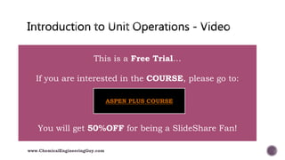  008 Introduction to Unit Operations
www.ChemicalEngineeringGuy.com
This is a Free Trial…
If you are interested in the COURSE, please go to:
You will get 50%OFF for being a SlideShare Fan!
ASPEN PLUS COURSE
 