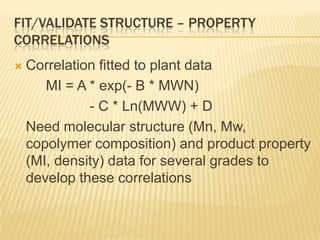 FIT/VALIDATE STRUCTURE – PROPERTY
CORRELATIONS
   Correlation fitted to plant data
       MI = A * exp(- B * MWN)
              - C * Ln(MWW) + D
    Need molecular structure (Mn, Mw,
    copolymer composition) and product property
    (MI, density) data for several grades to
    develop these correlations
 