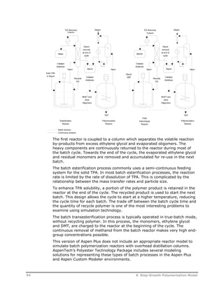 The first reactor is coupled to a column which separates the volatile reaction 
by-products from excess ethylene glycol and evaporated oligomers. The 
heavy components are continuously returned to the reactor during most of 
the batch cycle. Towards the end of the cycle, the evaporated ethylene glycol 
and residual monomers are removed and accumulated for re-use in the next 
batch. 
The batch esterification process commonly uses a semi-continuous feeding 
system for the solid TPA. In most batch esterification processes, the reaction 
rate is limited by the rate of dissolution of TPA. This is complicated by the 
relationship between the mass transfer rates and particle size. 
To enhance TPA solubility, a portion of the polymer product is retained in the 
reactor at the end of the cycle. The recycled product is used to start the next 
batch. This design allows the cycle to start at a higher temperature, reducing 
the cycle time for each batch. The trade off between the batch cycle time and 
the quantity of recycle polymer is one of the most interesting problems to 
examine using simulation technology. 
The batch transesterification process is typically operated in true-batch mode, 
without recycling polymer. In this process, the monomers, ethylene glycol 
and DMT, are charged to the reactor at the beginning of the cycle. The 
continuous removal of methanol from the batch reactor makes very high end-group 
concentrations possible. 
This version of Aspen Plus does not include an appropriate reactor model to 
simulate batch polymerization reactors with overhead distillation columns. 
AspenTech’s Polyester Technology Package includes several modeling 
solutions for representing these types of batch processes in the Aspen Plus 
and Aspen Custom Modeler environments. 
94 8 Step-Growth Polymerization Model 
 