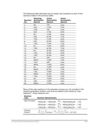 The following table describes how to assign rate constants to each of the 
reactions listed in the previous table: 
Reaction 
No. 
Attacking 
Nucleophilic 
Species 
Victim 
Electrophilic 
Species 
Victim 
Nucleophilic 
Species 
1 EG TPA none 
2 H2O T-TPA T-EG 
3 T-EG TPA none 
4 H2O T-TPA B-EG 
5 EG T-TPA none 
6 H2O B-TPA T-EG 
7 T-EG T-TPA none 
8 H2O B-TPA B-EG 
9 T-EG T-TPA T-EG 
10 EG T-TPA B-EG 
11 T-EG B-TPA T-EG 
12 EG B-TPA B-EG 
13 T-EG B-TPA B-EG 
14 T-EG B-TPA B-EG 
15 EG DMT none 
16 MEOH T-DMT T-EG 
17 T-EG DMT none 
18 MEOH T-DMT B-EG 
19 EG T-DMT none 
20 MEOH B-TPA T-EG 
21 T-EG T-DMT none 
22 MEOH B-TPA B-EG 
23 T-EG T-DMT T-EG 
24 EG T-DMT B-EG 
25 H2O T-DMT none 
26 MEOH T-TPA none 
Many of the side reactions in the polyester process are not included in the 
reaction generation scheme, and must be added to the model as “user 
reactions”. These reactions are: 
Reaction 
Type Reaction Stoichiometry 
DEG Formation 
Thermal 
Scission 
HO(CH U1 2)2OH + HO(CH2)2OH HO(CH2)2O(CH2)2OH + H2O 
HO(CH2)2OH + HO(CH2)2O U2 HO(CH2)2O(CH2)2O + H2O 
O(CH U3 2)2OH + HO(CH2)2O O(CH2)2O(CH2)2O + H2O 
O O 
C C 
O O 
U4 
O(CH2)2O C C 
OH + 
H2C CHO 
8 Step-Growth Polymerization Model 109 
 