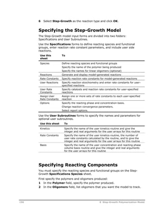 6 Select Step-Growth as the reaction type and click OK. 
Specifying the Step-Growth Model 
The Step-Growth model input forms are divided into two folders: 
Specifications and User Subroutines. 
Use the Specifications forms to define reacting species and functional 
groups, enter reaction rate constant parameters, and include user side 
reactions. 
Use this 
To 
sheet 
Species Define reacting species and functional groups 
Specify the name of the polymer being produced 
Specify the names for linear oligomers (optional) 
Reactions Generate and display model-generated reactions 
Rate Constants Specify reaction rate constants for model-generated reactions 
User Reactions Specify reaction stoichiometry and enter rate constants for user-specified 
reactions 
User Rate 
Constants 
Specify catalysts and reaction rate constants for user-specified 
reactions 
Assign User 
Rate Constants 
Assign one or more sets of rate constants to each user-specified 
reaction 
Options Specify the reacting phase and concentration basis. 
Change reaction convergence parameters. 
Select report options. 
Use the User Subroutines forms to specify the names and parameters for 
optional user subroutines. 
Use this sheet To 
Kinetics Specify the name of the user kinetics routine and give the 
integer and real arguments for the user arrays for this routine 
Rate Constants Specify the name of the user kinetics routine, the number of 
user rate constants calculated by the routine, and to give the 
integer and real arguments for the user arrays for this routine 
Basis Specify the name of the user concentration and reacting phase 
volume basis routine and give the integer and real arguments 
for the user arrays for this routine 
Specifying Reacting Components 
You must specify the reacting species and functional groups on the Step- 
Growth Specifications Species sheet. 
First specify the polymers and oligomers produced: 
1 In the Polymer field, specify the polymer produced. 
2 In the Oligomers field, list oligomers that you want the model to track. 
156 8 Step-Growth Polymerization Model 
 