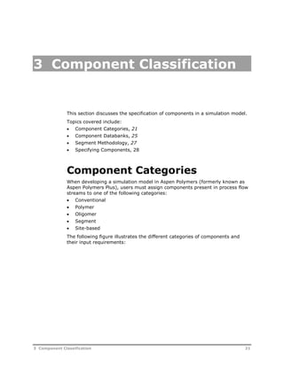3 Component Classification 
This section discusses the specification of components in a simulation model. 
Topics covered include: 
 Component Categories, 21 
 Component Databanks, 25 
 Segment Methodology, 27 
 Specifying Components, 28 
Component Categories 
When developing a simulation model in Aspen Polymers (formerly known as 
Aspen Polymers Plus), users must assign components present in process flow 
streams to one of the following categories: 
 Conventional 
 Polymer 
 Oligomer 
 Segment 
 Site-based 
The following figure illustrates the different categories of components and 
their input requirements: 
3 Component Classification 21 
 