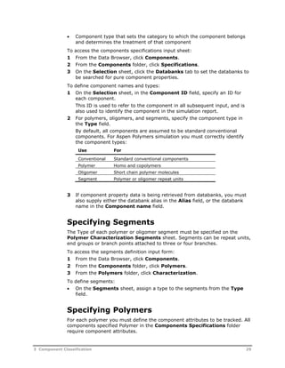  Component type that sets the category to which the component belongs 
and determines the treatment of that component 
To access the components specifications input sheet: 
1 From the Data Browser, click Components. 
2 From the Components folder, click Specifications. 
3 On the Selection sheet, click the Databanks tab to set the databanks to 
be searched for pure component properties. 
To define component names and types: 
1 On the Selection sheet, in the Component ID field, specify an ID for 
each component. 
This ID is used to refer to the component in all subsequent input, and is 
also used to identify the component in the simulation report. 
2 For polymers, oligomers, and segments, specify the component type in 
the Type field. 
By default, all components are assumed to be standard conventional 
components. For Aspen Polymers simulation you must correctly identify 
the component types: 
Use For 
Conventional Standard conventional components 
Polymer Homo and copolymers 
Oligomer Short chain polymer molecules 
Segment Polymer or oligomer repeat units 
3 If component property data is being retrieved from databanks, you must 
also supply either the databank alias in the Alias field, or the databank 
name in the Component name field. 
Specifying Segments 
The Type of each polymer or oligomer segment must be specified on the 
Polymer Characterization Segments sheet. Segments can be repeat units, 
end groups or branch points attached to three or four branches. 
To access the segments definition input form: 
1 From the Data Browser, click Components. 
2 From the Components folder, click Polymers. 
3 From the Polymers folder, click Characterization. 
To define segments: 
 On the Segments sheet, assign a type to the segments from the Type 
field. 
Specifying Polymers 
For each polymer you must define the component attributes to be tracked. All 
components specified Polymer in the Components Specifications folder 
require component attributes. 
3 Component Classification 29 
 