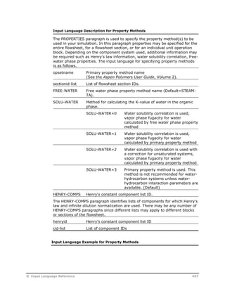 Input Language Description for Property Methods 
The PROPERTIES paragraph is used to specify the property method(s) to be 
used in your simulation. In this paragraph properties may be specified for the 
entire flowsheet, for a flowsheet section, or for an individual unit operation 
block. Depending on the component system used, additional information may 
be required such as Henry's law information, water solubility correlation, free-water 
phase properties. The input language for specifying property methods 
is as follows. 
opsetname Primary property method name 
(See the Aspen Polymers User Guide, Volume 2). 
sectionid-list List of flowsheet section IDs. 
FREE-WATER Free water phase property method name (Default=STEAM-TA). 
SOLU-WATER Method for calculating the K-value of water in the organic 
phase. 
SOLU-WATER=0 Water solubility correlation is used, 
vapor phase fugacity for water 
calculated by free water phase property 
method 
SOLU-WATER=1 Water solubility correlation is used, 
vapor phase fugacity for water 
calculated by primary property method 
SOLU-WATER=2 Water solubility correlation is used with 
a correction for unsaturated systems, 
vapor phase fugacity for water 
calculated by primary property method 
SOLU-WATER=3 Primary property method is used. This 
method is not recommended for water-hydrocarbon 
systems unless water-hydrocarbon 
interaction parameters are 
available. (Default) 
HENRY-COMPS Henry's constant component list ID. 
The HENRY-COMPS paragraph identifies lists of components for which Henry's 
law and infinite dilution normalization are used. There may be any number of 
HENRY-COMPS paragraphs since different lists may apply to different blocks 
or sections of the flowsheet. 
henryid Henry's constant component list ID 
cid-list List of component IDs 
Input Language Example for Property Methods 
D Input Language Reference 457 
 