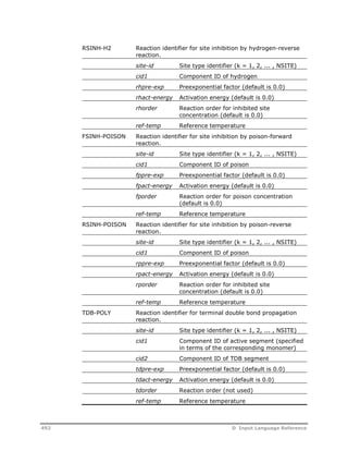 RSINH-H2 Reaction identifier for site inhibition by hydrogen-reverse 
reaction. 
site-id Site type identifier (k = 1, 2, ... , NSITE) 
cid1 Component ID of hydrogen 
rhpre-exp Preexponential factor (default is 0.0) 
rhact-energy Activation energy (default is 0.0) 
rhorder Reaction order for inhibited site 
concentration (default is 0.0) 
ref-temp Reference temperature 
FSINH-POISON Reaction identifier for site inhibition by poison-forward 
reaction. 
site-id Site type identifier (k = 1, 2, ... , NSITE) 
cid1 Component ID of poison 
fppre-exp Preexponential factor (default is 0.0) 
fpact-energy Activation energy (default is 0.0) 
fporder Reaction order for poison concentration 
(default is 0.0) 
ref-temp Reference temperature 
RSINH-POISON Reaction identifier for site inhibition by poison-reverse 
reaction. 
site-id Site type identifier (k = 1, 2, ... , NSITE) 
cid1 Component ID of poison 
rppre-exp Preexponential factor (default is 0.0) 
rpact-energy Activation energy (default is 0.0) 
rporder Reaction order for inhibited site 
concentration (default is 0.0) 
ref-temp Reference temperature 
TDB-POLY Reaction identifier for terminal double bond propagation 
reaction. 
site-id Site type identifier (k = 1, 2, ... , NSITE) 
cid1 Component ID of active segment (specified 
in terms of the corresponding monomer) 
cid2 Component ID of TDB segment 
tdpre-exp Preexponential factor (default is 0.0) 
tdact-energy Activation energy (default is 0.0) 
tdorder Reaction order (not used) 
ref-temp Reference temperature 
492 D Input Language Reference 
 