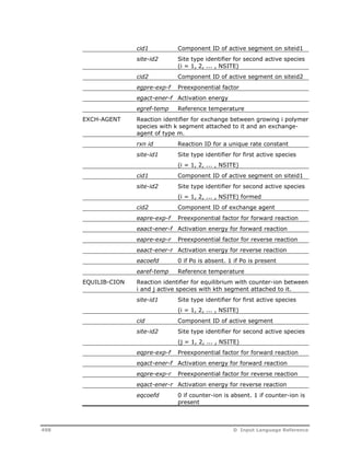 cid1 Component ID of active segment on siteid1 
site-id2 Site type identifier for second active species 
(i = 1, 2, ... , NSITE) 
cid2 Component ID of active segment on siteid2 
egpre-exp-f Preexponential factor 
egact-ener-f Activation energy 
egref-temp Reference temperature 
EXCH-AGENT Reaction identifier for exchange between growing i polymer 
species with k segment attached to it and an exchange-agent 
of type m. 
rxn id Reaction ID for a unique rate constant 
site-id1 Site type identifier for first active species 
(i = 1, 2, ... , NSITE) 
cid1 Component ID of active segment on siteid1 
site-id2 Site type identifier for second active species 
(i = 1, 2, ... , NSITE) formed 
cid2 Component ID of exchange agent 
eapre-exp-f Preexponential factor for forward reaction 
eaact-ener-f Activation energy for forward reaction 
eapre-exp-r Preexponential factor for reverse reaction 
eaact-ener-r Activation energy for reverse reaction 
eacoefd 0 if Po is absent. 1 if Po is present 
earef-temp Reference temperature 
EQUILIB-CION Reaction identifier for equilibrium with counter-ion between 
i and j active species with kth segment attached to it. 
site-id1 Site type identifier for first active species 
(i = 1, 2, ... , NSITE) 
cid Component ID of active segment 
site-id2 Site type identifier for second active species 
(j = 1, 2, ... , NSITE) 
eqpre-exp-f Preexponential factor for forward reaction 
eqact-ener-f Activation energy for forward reaction 
eqpre-exp-r Preexponential factor for reverse reaction 
eqact-ener-r Activation energy for reverse reaction 
eqcoefd 0 if counter-ion is absent. 1 if counter-ion is 
present 
498 D Input Language Reference 
 