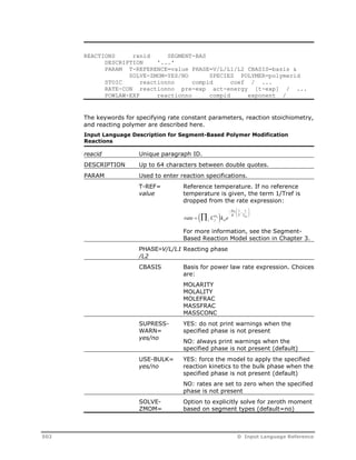 REACTIONS rxnid SEGMENT-BAS 
DESCRIPTION '...' 
PARAM T-REFERENCE=value PHASE=V/L/L1/L2 CBASIS=basis & 
SOLVE-ZMOM=YES/NO SPECIES POLYMER=polymerid 
STOIC reactionno compid coef / ... 
RATE-CON reactionno pre-exp act-energy [t-exp] / ... 
POWLAW-EXP reactionno compid exponent / 
The keywords for specifying rate constant parameters, reaction stoichiometry, 
and reacting polymer are described here. 
Input Language Description for Segment-Based Polymer Modification 
Reactions 
reacid Unique paragraph ID. 
DESCRIPTION Up to 64 characters between double quotes. 
PARAM Used to enter reaction specifications. 
T-REF= 
value 
Reference temperature. If no reference 
temperature is given, the term 1/Tref is 
dropped from the rate expression: 
rate  C k e j j oi 
Ea 
i 
 
1 1 
 
 
  
  ij R T T 
ref 
 
  
 
For more information, see the Segment- 
Based Reaction Model section in Chapter 3. 
PHASE=V/L/L1 
/L2 
Reacting phase 
CBASIS Basis for power law rate expression. Choices 
are: 
MOLARITY 
MOLALITY 
MOLEFRAC 
MASSFRAC 
MASSCONC 
SUPRESS-WARN= 
yes/no 
YES: do not print warnings when the 
specified phase is not present 
NO: always print warnings when the 
specified phase is not present (default) 
USE-BULK= 
yes/no 
YES: force the model to apply the specified 
reaction kinetics to the bulk phase when the 
specified phase is not present (default) 
NO: rates are set to zero when the specified 
phase is not present 
SOLVE-ZMOM= 
Option to explicitly solve for zeroth moment 
based on segment types (default=no) 
502 D Input Language Reference 
 