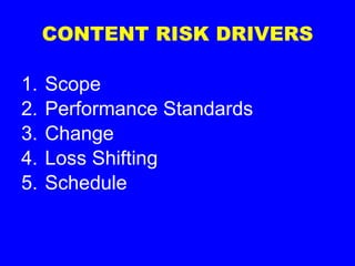 CONTENT RISK DRIVERS Scope Performance Standards Change Loss Shifting Schedule 