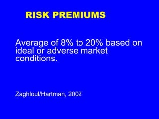 RISK PREMIUMS Average of 8% to 20% based on ideal or adverse market conditions .  Zaghloul/Hartman, 2002 