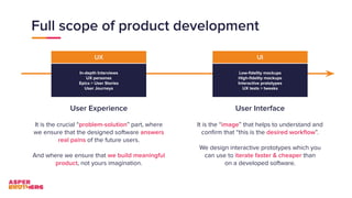 Full scope of product development
User Experience
It is the crucial “problem-solution” part, where
we ensure that the designed software answers
real pains of the future users.
And where we ensure that we build meaningful
product, not yours imagination.
User Interface
It is the “image” that helps to understand and
conﬁrm that “this is the desired workﬂow”.
We design interactive prototypes which you
can use to iterate faster & cheaper than
on a developed software.
In-depth Interviews
UX personas
Epics > User Stories
User Journeys
UX
Low-ﬁdelity mockups
High-ﬁdelity mockups
Interactive prototypes
UX tests > tweaks
UI
 