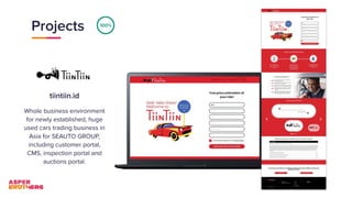 Projects
tiintiin.id
Whole business environment
for newly established, huge
used cars trading business in
Asia for SEAUTO GROUP,
including customer portal,
CMS, inspection portal and
auctions portal.
100%
 