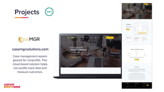 Projects
casemgrsolutions.com
Case management system
geared for nonproﬁts. This
cloud-based solution helps
non-proﬁts track data and
measure outcomes.
100%
 