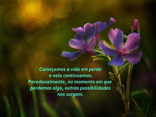 Começamos a vida em perda
e nela continuamos.
Paradoxalmente, no momento em que
perdemos algo, outras possibilidades
nos surgem.
 