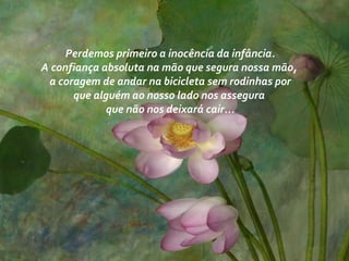Perdemos primeiro a inocência da infância.
A confiança absoluta na mão que segura nossa mão,
a coragem de andar na bicicleta sem rodinhas por
que alguém ao nosso lado nos assegura
que não nos deixará cair...
 