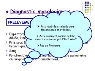 ● Diagnostic mycologique :

 PRELEVEMENT
                     Pvts répétés et placés dans
                      flacons secs et stériles..
 Expectorations : lavage de la bouche par solution iodée
                     Acheminement rapide au labo,
 diluée, kiné de drainage conserver pdt 24h à +4°C
                   sinon à bronchique.
 Pvts sous fibroscopie bronchique : liquide d’aspiration
 bronchique, LBA, brossage fixateurs……………………
                      Pas de endobronchique.

 Sang.
 Ponction biopsie transthoracique, biopsie pulmonaire
 chirurgicale : exceptionnellement.
 