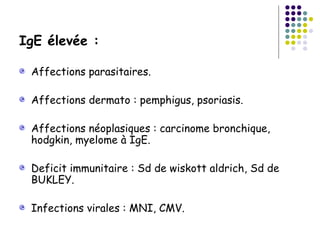 IgE élevée :

 Affections parasitaires.

 Affections dermato : pemphigus, psoriasis.

 Affections néoplasiques : carcinome bronchique,
 hodgkin, myelome à IgE.

 Deficit immunitaire : Sd de wiskott aldrich, Sd de
 BUKLEY.

 Infections virales : MNI, CMV.
 