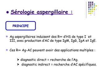 ● Sérologie aspergillaire :

  PRINCIPE


 Ag aspergillaires induisent des R° d’HS de type I et
 III, avec production d’AC de type IgM, IgG, IgA et IgE.

 Ces R° Ag-AC peuvent avoir des applications multiples :

      diagnostic direct = recherche de l’Ag.
      diagnostic indirect = recherche d‘AC spécifiques.
 