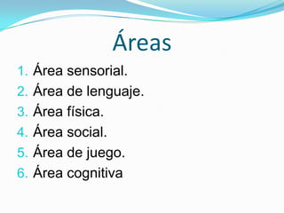 Áreas
1. Área sensorial.
2. Área de lenguaje.
3. Área física.
4. Área social.
5. Área de juego.
6. Área cognitiva
 