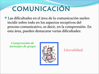 COMUNICACIÓN
Las dificultades en el área de la comunicación suelen
incidir sobre todo en los aspectos receptivos del
proceso comunicativo, es decir, en la comprensión. En
esta área, pueden destacarse varias dificultades:
Comprensión de
mensajes de grupo
Literalidad.
 