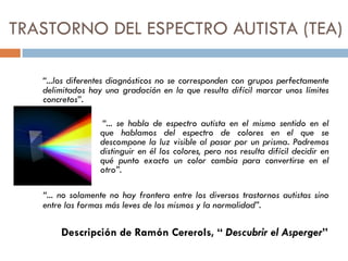 TRASTORNO DEL ESPECTRO AUTISTA (TEA)
“...los diferentes diagnósticos no se corresponden con grupos perfectamente
delimitad...