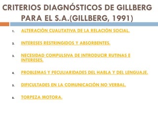 CRITERIOS DIAGNÓSTICOS DE GILLBERG
PARA EL S.A.(GILLBERG, 1991)
1. ALTERACIÓN CUALITATIVA DE LA RELACIÓN SOCIAL.
2. INTERE...