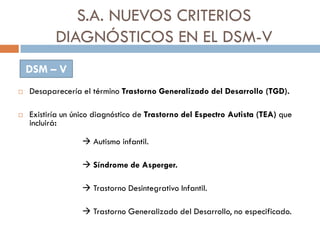 S.A. NUEVOS CRITERIOS
DIAGNÓSTICOS EN EL DSM-V
 Desaparecería el término Trastorno Generalizado del Desarrollo (TGD).
 E...