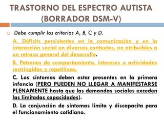 TRASTORNO DEL ESPECTRO AUTISTA
(BORRADOR DSM-V)
 Debe cumplir los criterios A, B, C y D.
A. Déficits persistentes en la c...