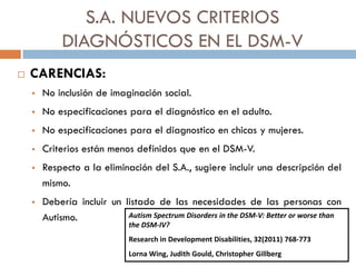 S.A. NUEVOS CRITERIOS
DIAGNÓSTICOS EN EL DSM-V
 CARENCIAS:
 No inclusión de imaginación social.
 No especificaciones pa...