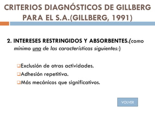 CRITERIOS DIAGNÓSTICOS DE GILLBERG
PARA EL S.A.(GILLBERG, 1991)
2. INTERESES RESTRINGIDOS Y ABSORBENTES.(como
mínimo una d...