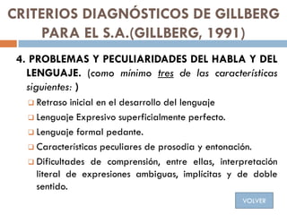 CRITERIOS DIAGNÓSTICOS DE GILLBERG
PARA EL S.A.(GILLBERG, 1991)
4. PROBLEMAS Y PECULIARIDADES DEL HABLA Y DEL
LENGUAJE. (c...