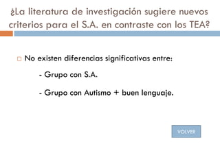 ¿La literatura de investigación sugiere nuevos
criterios para el S.A. en contraste con los TEA?
 No existen diferencias s...