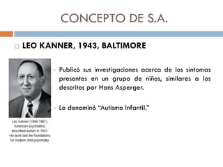 CONCEPTO DE S.A.
 LEO KANNER, 1943, BALTIMORE
 Publicó sus investigaciones acerca de los síntomas
presentes en un grupo ...