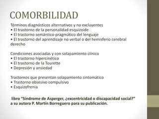 COMORBILIDAD
Términos diagnósticos alternativos y no excluyentes
• El trastorno de la personalidad esquizoide
• El trastorno semántico-pragmático del lenguaje
• El trastorno del aprendizaje no verbal o del hemisferio cerebral
derecho
Condiciones asociadas y con solapamiento clínico
• El trastorno hipercinético
• El trastorno de la Tourette
• Depresión y ansiedad
Trastornos que presentan solapamiento sintomático
• Trastorno obsesivo compulsivo
• Esquizofrenia
libro “Síndrome de Asperger, ¿excentricidad o discapacidad social?”
a su autora P. Martín Borreguero para su publicación.
 