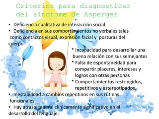 Criterios para diagnosticar
del síndrome de Asperger
*
• Deficiencia cualitativa de interacción social
• Deficiencia en sus comportamientos no verbales tales
como contactos visual, expresión facial y posturas del
cuerpo
* Incapacidad para desarrollar una
buena relación con sus semejantes
* Falta de espontaneidad para
compartir placeres, intereses y
logros con otras personas
* Comportamientos restringidos,
repetitivos y estereotipados.
• Inestabilidad a cambios repentinos en sus rutinas
funcionales.
• Hay atraso general clínicamente significativo en el
desarrollo del lenguaje.
 