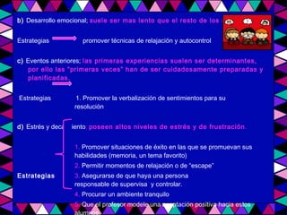 b)  Desarrollo emocional;  suele ser mas lento que el resto de los niños. Estrategias  promover técnicas de relajación y autocontrol  c)  Eventos anteriores;  las primeras experiencias suelen ser determinantes, por ello las “primeras veces” han de ser cuidadosamente preparadas y planificadas.  Estrategias  1. Promover la verbalización de sentimientos para su  resolución d)  Estrés y decaimiento ;  poseen altos niveles de estrés y de frustración . 1.  Promover situaciones de éxito en las que se promuevan sus  habilidades (memoria, un tema favorito)  2.  Permitir momentos de relajación o de “escape” Estrategias 3.  Asegurarse de que haya una persona  responsable de supervisa  y controlar. 4.  Procurar un ambiente tranquilo  5.  Que el profesor modele una aceptación positiva hacia estos  alumnos. 