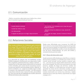 El síndrome de Asperger
Pág. 21
· Definir momentos adecuados para hablar de su tema
favorito (podemos ponérselo por escrito):
2.1. Comunicación
2.2. Relaciones Sociales
Dadas estas dificultades para incorporar las HHSS de
forma natural, se han desarrollado programas de aprendi-
zaje en los que se trabajan la comprensión e incorporación
de las distintas habilidades sociales a través de explicacio-
nes de forma intelectualizada, así como del análisis y
recreación de situaciones reales.
2.2.1. Claves de interacción social
Suelen presentar dificultades para identificar y compren-
En el desarrollo de cualquier niño, las habilidades sociales der las claves verbales y no verbales que invitan a la inte-
(HHSS) se adquieren intuitivamente, por observación, mode- racción social (mirada, sonrisa, postura corporal, ges-
lado y regulación ambiental (refuerzos, castigos, extinción…). tos…) así como las que regulan dicha interacción: interés
LaspersonasconSAsuelendesearrelacionarseconlosdemás por el tema elegido, duración de la participación de cada
y tener amistades, pero carecen de los mecanismos necesa- persona, señales de deseo de terminar, cambiar de
rios para que aparezca este aprendizaje intuitivo. Además, un tema, etc. Debido a la dificultad que encuentran para
entorno cambiante, con exigencias variables según la edad, aprender las claves de las relaciones sociales, pueden
el contexto y las expectativas concretas de cada situación tender a evitar estas situaciones, o bien inclinarse por
(costumbres, entornos más o menos formales, personalidad, intentar dominarlas con rutinas muy estrictas y rígidas
etc.) hace que este tipo de habilidades les resulten altamente (hablando de su tema de interés, imponiendo sus reglas
difícilesdesintetizarydecomprender. o juegos, etc.)
No debo hablar de insectos:
- Cuando estamos comiendo
- Cuando hay visitas en casa
- Con desconocidos
- Si alguien me pide que no lo haga o deje de hacerlo
Puedo hablar de insectos
- En el recreo, si un compañero de mi clase dice que si
(pregunto primero)
- Después de hacer los deberes en casa, durante 20
minutos
- En el taller de amigos, durante 5 minutos al final de
la sesión
A“ yer cuando estábamos en el descanso quise enseñarle
a mi amigo Pedro un coleóptero que había atrapado en
casa para estudiarlo. Cuando se lo enseñé me llamo
raro y salió corriendo. Luego él y otros niños vinieron
detrás de mí riéndose y llamándome “bicho raro”, hasta
me hicieron un dibujo en un folio bien grande. No sé qué
paso, pensé que le gustaría…
 