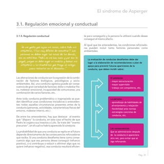 3.1. Regulación emocional y conductual
3.1.5. Regulación conductual te para conseguirlo y la persona la utilizará cuando desee
conseguir el mismo efecto.
Al igual que los antecedentes, las condiciones reforzado-
ras pueden incluir tanto factores personales como
ambientales.
Las alteraciones de conducta son la expresión de la combi-
nación de factores biológicos, psicológicos y socio-
ambientales. Así, una conducta agresiva puede ser conse-
cuencia de gran variedad de factores: dolor o malestar físi-
co, malestar emocional, incapacidad de comunicarse, una
combinación de varios factores, etc.
Ante toda conducta problemática o inapropiada se pue-
den identificar unas condiciones iniciadoras o anteceden-
tes: todas aquellas circunstancias presentes antes de la
conducta (personas, actividades, características físicas del
entorno, malestar interno, etc.)
De entre los antecedentes, hay que destacar el evento
que “dispara” la conducta, en este caso el hecho de que
Pedro le cogiera sus insectos a Lolo. Se trata del “evento
precursor”, sin el cual no habría aparecido la conducta.
La probabilidad de que una conducta se repita en el futuro
depende directamente de las consecuencias reforzadoras
que reciba. Si una conducta desafiante tiene como conse-
cuencia algo que esa persona desea conseguir (refuerzo
positivo), o si contribuye a reducir o eliminar algo que no
quiere (refuerzo negativo), esa conducta resultará eficien-
El síndrome de Asperger
Pág. 31
N“o me gusta que cojan mis cosas, sobre todo mis
ortópteros, ¡¡son muy difíciles de encontrar!! Las
personas no deben coger las cosas de los demás,
eso no está bien. Pedro no me hizo caso y por eso le
pegué, porque no debe coger mi mochila y buscar mis
ortópteros o los blactáreos que traigo al colegio
para revisarlos en el descanso…”
La evaluación de conductas desafiantes debe dar
lugar a la elaboración de recomendaciones o plan de
apoyo para prevenir futuras apariciones de la
conducta, que deben incidir sobre:
El ambiente
- mayor estructuración
- mayor supervisión
- trabajo con compañeros, etc.
La persona
- aprendizaje de habilidades de
afrontamiento y relajación
- flexibilidad ante normas
- estrategias concretas de
conducta, etc.
Las consecuencias
Que se administrarán después
de la conducta si apareciera
otra vez, para evitar que se
siga reforzando.
 