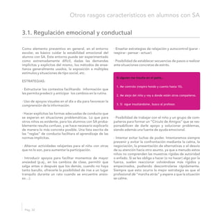 Como elemento preventivo en general, en el entorno · Enseñar estrategias de relajación y autocontrol (parar -
escolar, es básico cuidar la estabilidad emocional del respirar - pensar - actuar).
alumno con SA. Este entorno puede ser experimentado
como extremadamente difícil, dadas las demandas · Posibilidad de establecer secuencias de pasos a realizar
implícitas y explicitas del mismo, los métodos de ense- ante situaciones concretas de estrés.
ñanza generalmente usados, la exposición a múltiples
estímulos y situaciones de tipo social, etc.
ESTRATEGIAS:
· Estructurar los contextos facilitando información que
les permita predecir y anticipar los cambios en la rutina.
· Uso de apoyos visuales en el día a día para favorecer la
comprensión de la información.
· Hacer explícitas las formas adecuadas de conducta que
se esperan en situaciones problemáticas. Lo que para · Posibilidad de trabajar con el niño y un grupo de com-
otros niños es evidente, para los alumnos con SA proba- pañeros para formar un “Círculo de Amigos” que se res-
blemente resulta confuso, y se hace necesario explicarlo ponsabilicen de darle apoyo y solucionar problemas,
de manera lo más concreta posible. Una lista escrita de siendo además una fuente de ayuda emocional.
las “reglas” de conducta facilitara el aprendizaje de las
normas implícitas. · Intentar evitar luchas de poder. Intentaremos siempre
prevenir y evitar la confrontación mediante la calma, la
· Alternar actividades relajantes para el niño con otras negociación, la presentación de alternativas o el desvío
que no lo son, para aumentar la participación. de su atención hacia otro asunto, ya que a menudo estos
niños no comprenden las muestras rígidas de autoridad
· Introducir apoyos para facilitar momentos de mayor o enfado. Si se les obliga a hacer (o no hacer) algo por la
ansiedad (p.ej., en los cambios de clase, permitir que fuerza, suelen reaccionar volviéndose más rígidos y
salga antes o después que los demás, cuando no haya empecinados, pudiendo descontrolarse rápidamente.
tanto barullo, ofrecerle la posibilidad de irse a un lugar Siempre que esto ocurra la mejor estrategia es que el
tranquilo durante un rato cuando se encuentre ansio- profesional dé “marcha atrás” y espere a que la situación
so…). se calme.
Si alguien me insulta en el patio…
1. Me controlo (respiro hondo y cuento hasta 10).
2. Me alejo del niño y voy a donde estén otros compañeros.
3. Si sigue insultándome, busco al profesor.
3.1. Regulación emocional y conductual
Pág. 32
Otros rasgos característicos en alumnos con SA
 