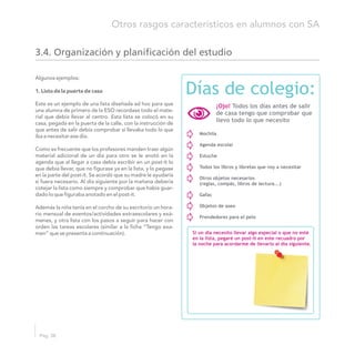 ¡Ojo! Todos los días antes de salir
de casa tengo que comprobar que
llevo todo lo que necesito
Mochila
Agenda escolar
Estuche
Todos los libros y libretas que voy a necesitar
Otros objetos necesarios
(reglas, compás, libros de lectura...)
Gafas
Objetos de aseo
Prendedores para el pelo
Si un día necesito llevar algo especial o que no esté
en la lista, pegaré un post-it en este recuadro por
la noche para acordarme de llevarlo al día siguiente.
Días de colegio:
3.4. Organización y planificación del estudio
Pág. 38
Otros rasgos característicos en alumnos con SA
Algunos ejemplos:
1. Lista de la puerta de casa
Este es un ejemplo de una lista diseñada ad hoc para que
una alumna de primero de la ESO recordase todo el mate-
rial que debía llevar al centro. Esta lista se colocó en su
casa, pegada en la puerta de la calle, con la instrucción de
que antes de salir debía comprobar si llevaba todo lo que
iba a necesitar ese día.
Como es frecuente que los profesores manden traer algún
material adicional de un día para otro se le anotó en la
agenda que al llegar a casa debía escribir en un post-it lo
que debía llevar, que no figurase ya en la lista, y lo pegase
en la parte del post-it. Se acordó que su madre le ayudaría
si fuera necesario. Al día siguiente por la mañana debería
cotejar la lista como siempre y comprobar que había guar-
dado lo que figuraba anotado en el post-it.
Además la niña tenía en el corcho de su escritorio un hora-
rio mensual de eventos/actividades extraescolares y exá-
menes, y otra lista con los pasos a seguir para hacer con
orden las tareas escolares (similar a la ficha “Tengo exa-
men” que se presenta a continuación).
 
