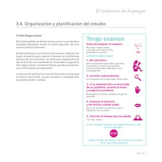 3.4. Organización y planificación del estudio
El síndrome de Asperger
Pág. 39
Tengo examen
Antes de empezar el examen:
Me relajo, respiro hondo...
y me digo a mi misma que lo
puedo hacer muy bien.
Comienzo paso a paso
1. Me concentro.
Estar concentrada quiere decir que estoy
muy atenta a lo que estoy haciendo.
si estoy concentrada responderé mejor
a las preguntas.
2. Leo bien cada problema.
Si es necesario leo el enunciado varias veces.
3. si no entiendo bien el enunciado
de un problema, levanto la mano
y pregunto al profesor.
No pregunto la solución, pregunto lo que no
entiendo.
4. Contesto al ejercicio
y me felicito cuando acabo
Pero si no sé hacer un ejercicio, paso al
siguiente y no me atasco.
5. Controlo el tiempo que me queda.
Y al final, repaso.
Si en cualquier momento me pongo nerviosa o noto
que me distraigo...
...respiro hondo, me relajo y me concentro de nuevo
en lo que estoy haciendo.
2 -Ficha Tengo examen
Esta ficha también se diseñó ad hoc para un caso donde la
ansiedad dificultaba mucho la buena ejecución de otro
alumno ante los exámenes.
Se aprovechó para, en el mismo documento, explicitar los
pasos necesarios para realizar el examen en condiciones
optimas de concentración, así como para asegurarnos de
que el niño lee correctamente los enunciados, pregunta si
tiene alguna duda, controla el tiempo que lleva contestan-
do y al final repasa sus respuestas.
La instrucción del final fue muy útil las primeras veces que
el alumno usó la ficha, ya que controlar su ansiedad ante
los exámenes llevó tiempo.
 