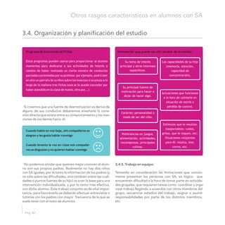 · Si creemos que una fuente de desmotivación es deriva de
alguno de sus conductas deberemos enseñarle la cone-
xión directa que existe entre su comportamiento y las reac-
ciones de los demás hacia él.
3.4.5. Trabajo en equipo:· No podemos olvidar que quienes mejor conocen al alum-
no son sus propios padres. Realmente no hay dos niños
con SA iguales, por lo tanto la información de los padres (y Teniendo en consideración las limitaciones que común-
no sólo sobre las dificultades, sino también sobre las cuali- mente presentan las personas con SA, es lógico que
dades o puntos fuertes de su hijo) va a ser la base para una encuentren dificultad a la hora de tomar parte en activida-
intervención individualizada, y por lo tanto más efectiva, des grupales, que requieren tareas como coordinar y orga-
con dicho alumno. Este trabajo conjunto es de vital impor- nizar trabajo llegando a acuerdos con otros miembros del
tancia, para favorecerlo se deberán efectuar entrevistas o grupo, secuenciar estadios del trabajo, asignar o asumir
tutorías con los padres con mayor frecuencia de la que se responsabilidades por parte de los distintos miembros,
suele tener con el resto de alumnos. etc.
3.4. Organización y planificación del estudio
Programa de Economías de Fichas
Estos programas pueden usarse para proporcionar al alumno
momentos para dedicarse a sus actividades de interés a
cambio de haber realizado un cierto número de conductas
pactadas o premiadas por su profesor, por ejemplo, podrá leer
en alto un párrafo de su libro sobre los insectos si acumula a lo
largo de la mañana tres fichas (una se le puede conceder por
haber atendido en la clase de mates, otra por...)
Cuando hablo en voz baja, mis compañeros se
alegran y les gusta hablar conmigo
Cuando levanto la voz en clase mis compañe-
ros se disgustan y no quieren hablar conmigo
Información que puede ser útil recabar de la familia:
Su tema de interés
principal y otros intereses
específicos.
Su principal fuente de
motivación para hacer o
dejar de hacer algo.
Carácter, personalidad o
modo de ser del niño.
Preferencias en juegos,
alimentación, actividades,
recompensas, principales
rutinas.
Las capacidades de su hijo
(memoria, atención,
capacidad de
concentración).
Actuaciones que funcionan
a la hora de calmarlo en
situación de estrés o
pérdida de control.
Estímulos que le resultan
insoportables: ruidos,
gritos, que le toquen, etc.
Situaciones relajantes
para él: música, leer,
correr, etc.
Pág. 42
Otros rasgos característicos en alumnos con SA
 