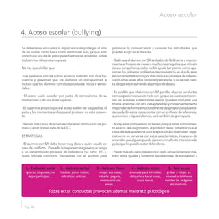 Se debe tener en cuenta la importancia de proteger al niño potenciar la comunicación y conocer las dificultades que
de las burlas, tanto fuera como dentro del aula, ya que esto puedansurgireneldíaadía.
constituye una de las principales fuentes de ansiedad, sobre
todoenlos niñosmásmayores. ·DadoqueelalumnoconSAsedesbordafácilmenteyreaccio-
naantealfracasodemaneramuchomásnegativaqueelresto
Nohayqueolvidarque: de sus compañeros, debe recibir ayuda tan pronto como apa-
rezcan los primeros problemas de convivencia en el aula, sean
· Las personas con SA sufren acoso o maltrato con más fre- éstoscomentadosonoporelalumnoasuprofesordereferen-
cuencia y gravedad que los alumnos sin discapacidad, e cia(muchasvecesellostardanenpercatarse,onosedancuen-
incluso que los alumnos con discapacidades físicas o senso- ta,dequeestánsufriendoalgúntipodeabuso).
riales.
· Es posible que el alumno con SA perciba algunas conductas
· El acoso suele suceder por parte de compañeros de su comoagresionescuandonoloson,yaquelescuestacompren-
mismaclaseodeunaclasesuperior. der las acciones e intenciones ajenas (pueden confundir una
broma amistosa con otra desagradable) y consecuentemente
· El lugar más propicio para el acoso suelen ser los pasillos, el responderdeformaemocionalmentedesproporcionadaeina-
patio y los momentos en los que el profesor no está presen- decuada.Enestoscasos,contarconunprofesordereferencia,
te. queconoceysiguealalumno,serátambiéndegranayuda.
· Se dan más casos de acoso escolar en el último ciclo de pri- ·Aunqueloscompañerosnotienenporquétenerconocimien-
mariayenelprimerciclodelaESO. to exacto del diagnóstico, el profesor debe fomentar que el
climadelaulaseadeunatotalaceptaciónaladiversidad,espe-
ESTRATEGIAS cialmente en personas con estas características, incapaces de
entender que alguien pueda ejercer un maltrato intencionado
· El alumno con SA debe tener muy claro a quién acudir en yalasquelespuedecostardefenderse.
caso de conflicto. Para ello la mejor estrategia es que tenga
a un determinado profesor de referencia (su tutor, PT...), ·Parairmásalládelaprevenciónodelaactuaciónanteelmal-
quien iniciará contactos frecuentes con el alumno para trato entre iguales y fomentar las relaciones de solidaridad y
Pág. 48
Acoso escolar
1.- Exclusión social
ignorar, ningunear, no
dejar participar...
2.- Maltrato verbal
insultar, poner motes,
ridiculizar, criticar...
3.- Maltrato físico
romper sus cosas,
robarle, pegarle,
amenazarle con
armas...
4.- Maltrato mixto
amenaza para intimidar,
obligarle a hacer cosas,
acoso sexual.
5.- Tele acoso
grabar y colgar en
internet o teléfonos
móviles las imágenes
del maltrato.
Todas estas conductas provocan además maltrato psicológico
4. Acoso escolar (bullying)
 