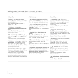 Bibliografía: Publicaciones: Materiales:
-“Enseñar a los niños con autismo a - “El síndrome de Asperger: una guía - “En la mente I y II” (2001) es un
comprender a los demás: guía práctica para la familia” (2002). Autor: Attwood, soporte gráfico (79 fichas) que estimula
Tony .Ed. Ediciones Paidós Ibérica, S.A.para educadores”. los procesos mentalistas y su expresión
Autor: S. Baron-Cohen, J.Hadwin y P. lingüística a través de habilidades
Hadwin. Ed. CEAC. pragmáticas- “Una mente diferente: comprender a
Autores: M. Monfort , I. Monfort. Ed.los niños con autismo y síndrome de
-“El síndrome de Asperger: ENTHA.Asperger” (2006)
Autor: Peter Szatmari. Ed. Paidós Ibérica,¿excentricidad o discapacidad social?”
-(2004). “Programa de enseñanza deS.A.
Autor: Pilar Martín Borreguero. Ed. habilidades de interacción social
Alianza Editorial, S.A. (PEHIS)” (2001), es un programa formal-“Asperger en el aula. Historia de
de habilidades sociales para niños y niñasJavier”
y adolescentes.- “Un acercamiento al síndrome de Pedro Padrón Pulido. Profesor de
Educación Primaria y Primer Ciclo de laAsperger: una guía teórica y práctica” Autor: Mª Inés Monjas. Ed. CEPE
(2007). ESO. Ediciones Díaz de Santos.
Editor: Asociación Asperger España. -“Sentimage” (LDA, 2001) o “Emotions,”
(Pustlauk, 2001).-“Otra forma de mirar: memorias de un
Distribuye Feran-Dideco) son otros-“El síndrome de Asperger: otra forma joven con síndrome de Asperger”
Autor: Martos (2005)de aprender” (2006). materiales gráficos que permiten el
Pérez, Juan; Ayuda Pascual, Raquel; trabajo en relación con las emociones.Autor: Miguel Dorado Moreno. Ed. Minor
Network, S.L.Freire Prudencio, Sandra. Editor: Madrid
Peter Vermeulen(Comunidad Autónoma). - “Soy especial” de
(2001).-“Problemas de percepción sensorial en
-”Las historias sociales” (Gray, 1994) y Programa para informar a los niños yel autismo y síndrome de Asperger:
jóvenes sobre su trastorno del espectro“Las conversaciones en viñetas” (Gray, diferentes experiencias sensoriales,
autista.1994) incorporan dibujos simples, diferentes mundos perceptivos” (2007).
London and Philadelphia: Jessicasímbolos y colores para facilitar la Autor: Olga Bogdashina. Editor:
Kingsley Publisher.comprensión social e ilustrar detalles Asociación Autismo Ávila.
relevantes, ideas, conceptos abstractos
dentro de determinadas conversaciones. -“El Imaginario de los sentimientos de
Félix”
Autor: D. Lévy. Ed. S.M.
Bibliografía y material de utilidad práctica
Pág. 68
 